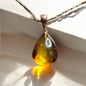 Vintage Sterling Silver 925 20" Herringbone Link & Amber Pendant Necklace